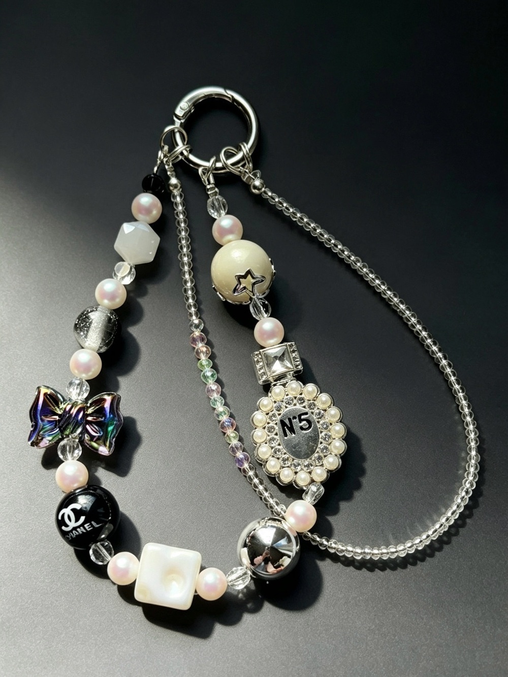 Authentic CC Ribbon & Camellia White & Black Pearl Perfume bottle No5 Bag Charm